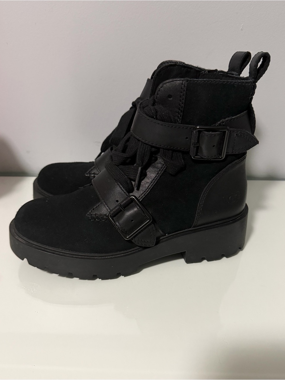 UGG ZORRAH CALF Hair Black Buckle Lace Combat Ankle Boots